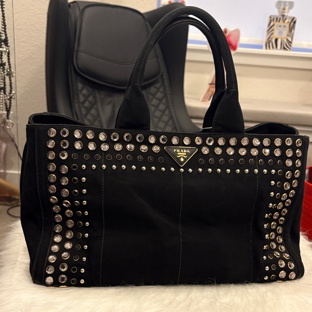 Prada Black Studded Tote with Silver Accents